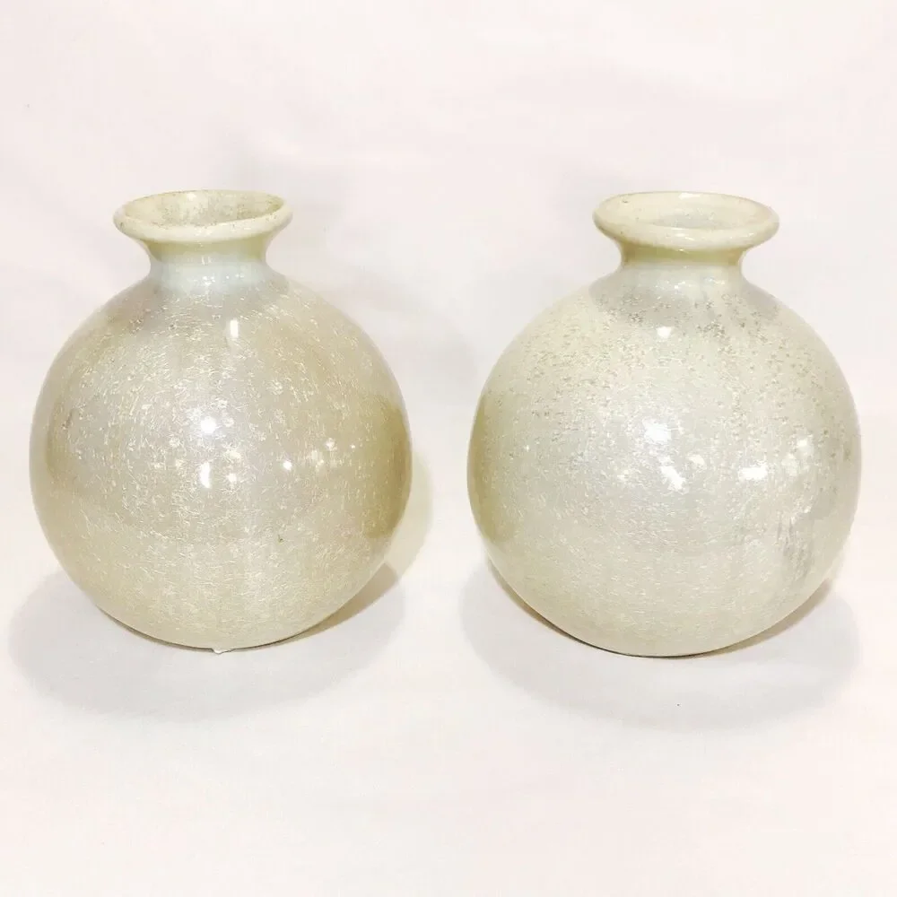 Pair Of Handmade Crystalline Glazed Weed Pots Bud Vases Neutral Decor 5.25”
